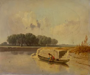 Landschaft mit einem Fluss und einem Boot im Vordergrund